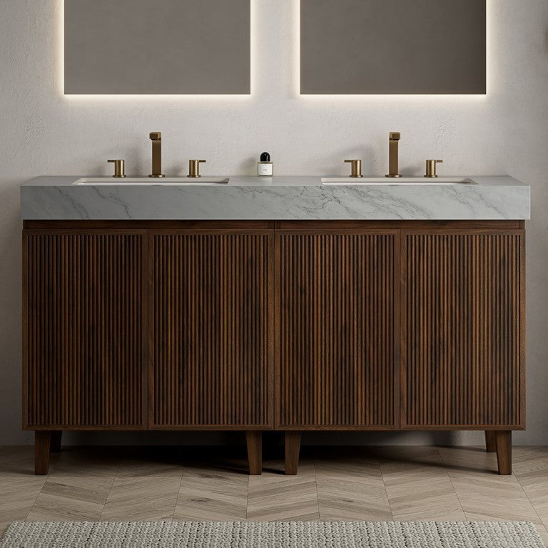 English Elm Lula 60 Inch Freestanding Bathroom Vanity Walnut Fluted Wood Sintered Stone Top W2615S00961