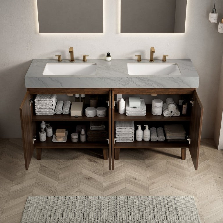 English Elm Lula 60 Inch Freestanding Bathroom Vanity Walnut Fluted Wood Sintered Stone Top W2615S00961