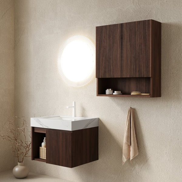 English Elm Eiden Floating Bathroom Vanity Set with Sintered Stone Top and Fluted Walnut Cabinet W2615S00962