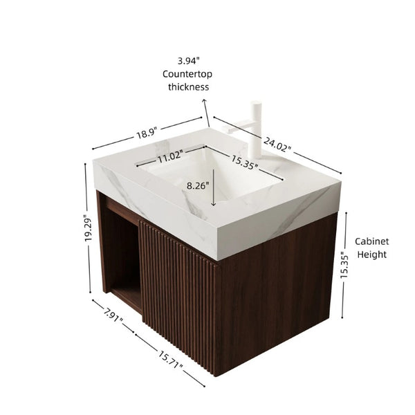 English Elm Eiden Floating Bathroom Vanity Set with Sintered Stone Top and Fluted Walnut Cabinet W2615S00962