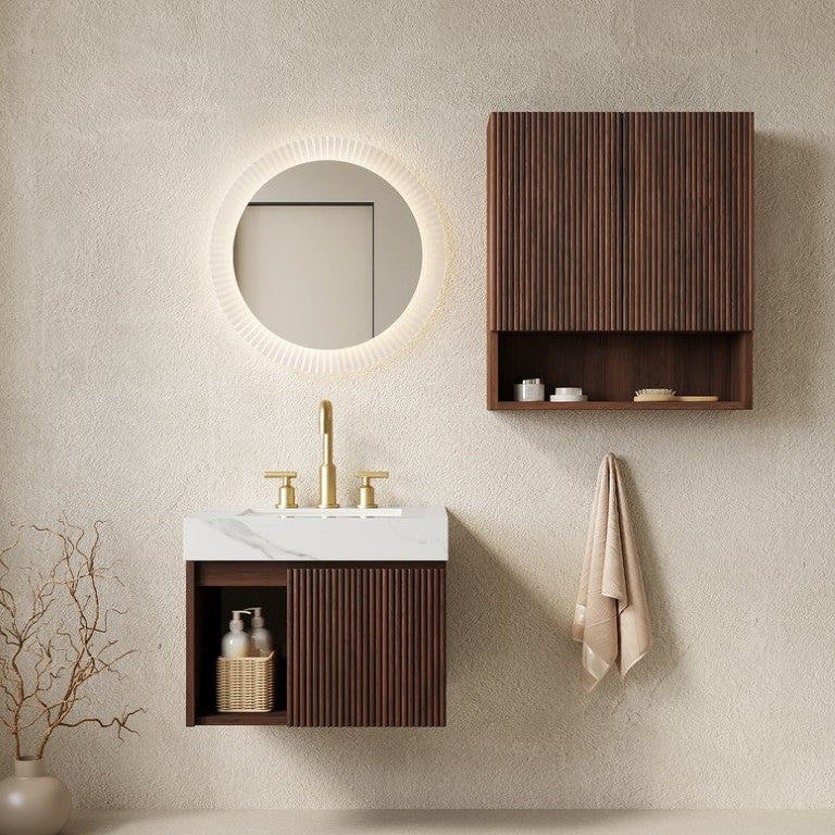English Elm Eiden Wall Mounted Bathroom Vanity Combo with Carrara Stone Top and Walnut Woodgrain W2615S00963