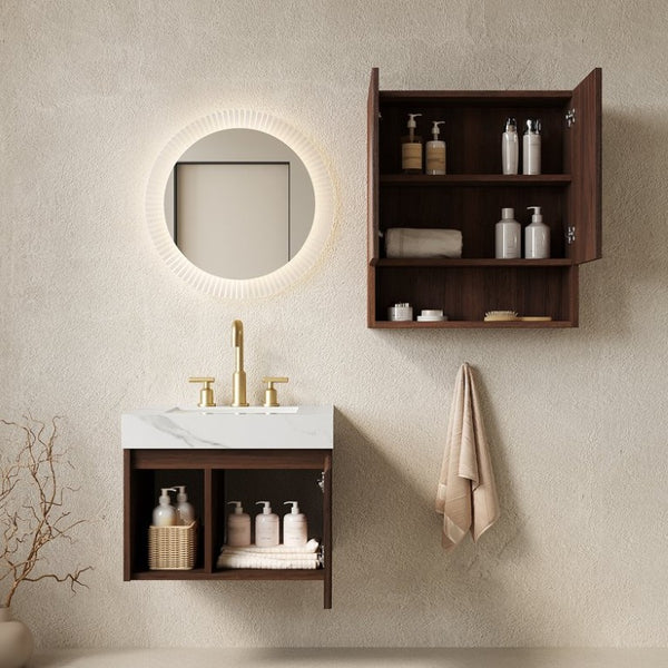 English Elm Eiden Wall Mounted Bathroom Vanity Combo with Carrara Stone Top and Walnut Woodgrain W2615S00963
