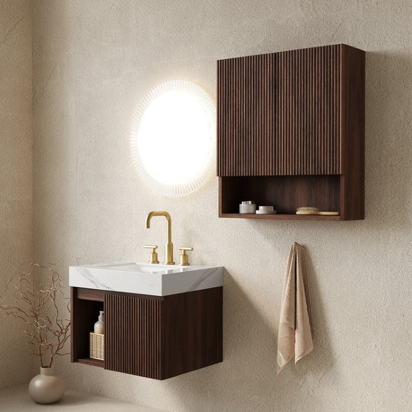English Elm Eiden Wall Mounted Bathroom Vanity Combo with Carrara Stone Top and Walnut Woodgrain W2615S00963