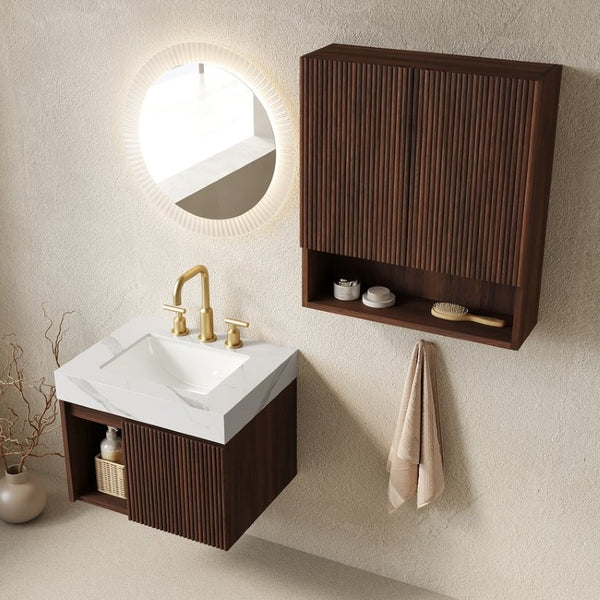 English Elm Eiden Wall Mounted Bathroom Vanity Combo with Carrara Stone Top and Walnut Woodgrain W2615S00963