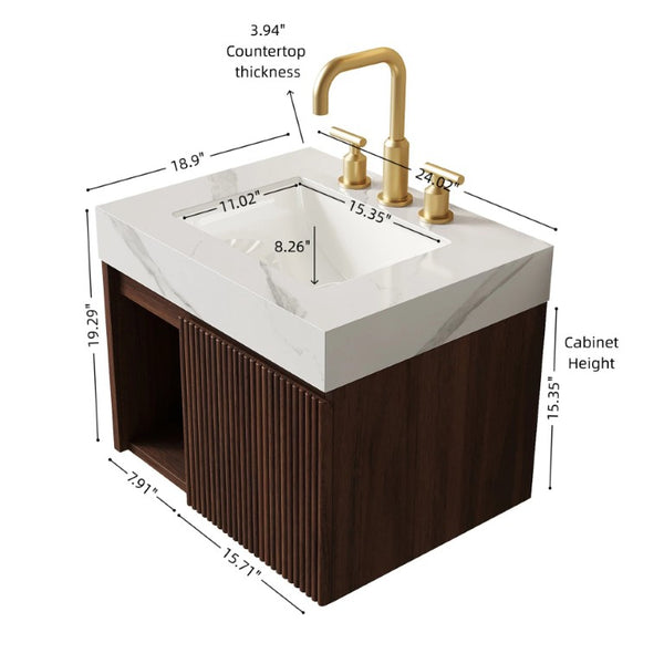 English Elm Eiden Wall Mounted Bathroom Vanity Combo with Carrara Stone Top and Walnut Woodgrain W2615S00963