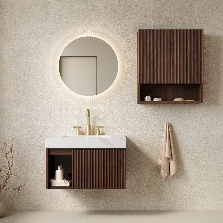 English Elm Eiden Floating Bathroom Vanity Combo Walnut Woodgrain Carrara Stone Sintered Top W2615S00969