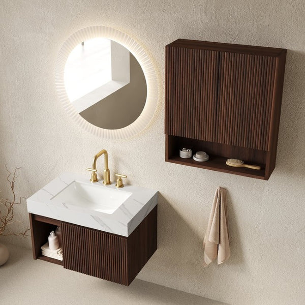 English Elm Eiden Floating Bathroom Vanity Combo Walnut Woodgrain Carrara Stone Sintered Top W2615S00969
