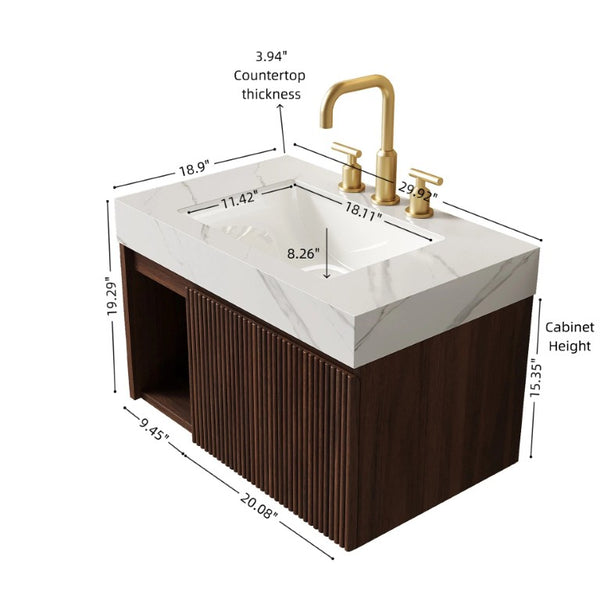 English Elm Eiden Floating Bathroom Vanity Combo Walnut Woodgrain Carrara Stone Sintered Top W2615S00969