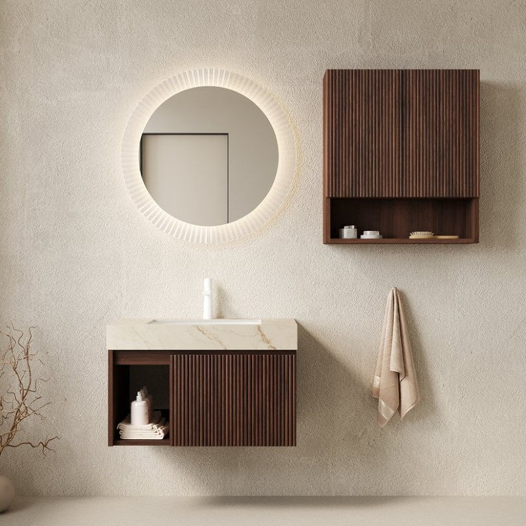 English Elm Eiden Floating Bathroom Vanity Set Walnut Fluted Cabinetry Sintered Stone Top W2615S00970