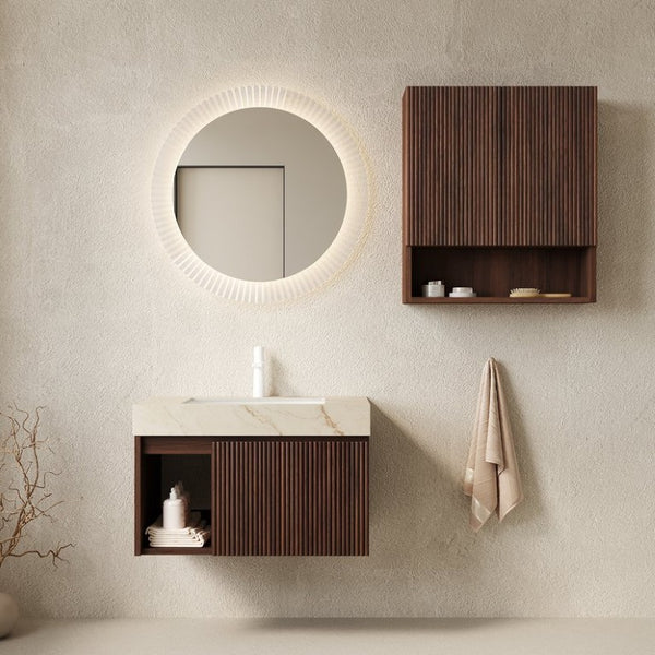 English Elm Eiden Floating Bathroom Vanity Set Walnut Fluted Cabinetry Sintered Stone Top W2615S00970