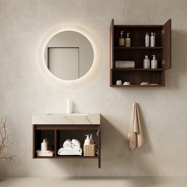 English Elm Eiden Floating Bathroom Vanity Set Walnut Fluted Cabinetry Sintered Stone Top W2615S00970