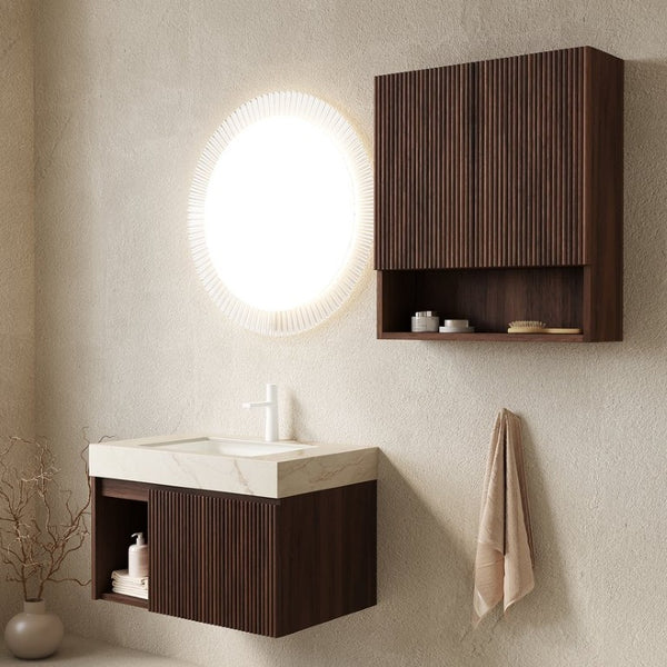 English Elm Eiden Floating Bathroom Vanity Set Walnut Fluted Cabinetry Sintered Stone Top W2615S00970