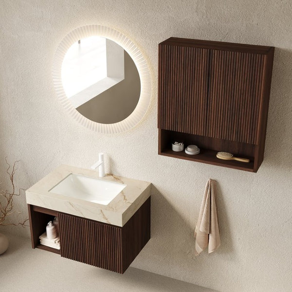 English Elm Eiden Floating Bathroom Vanity Set Walnut Fluted Cabinetry Sintered Stone Top W2615S00970