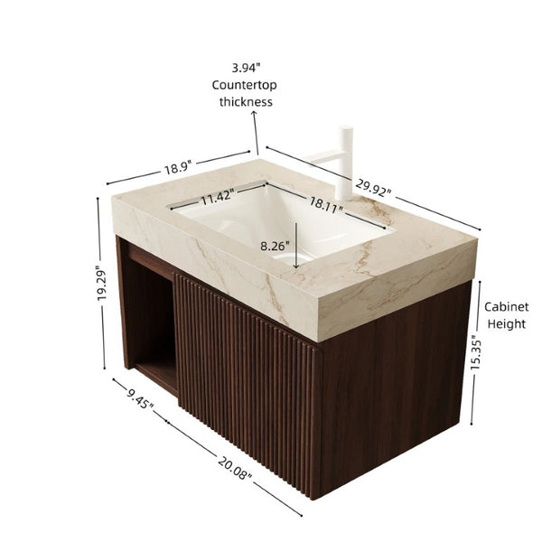 English Elm Eiden Floating Bathroom Vanity Set Walnut Fluted Cabinetry Sintered Stone Top W2615S00970