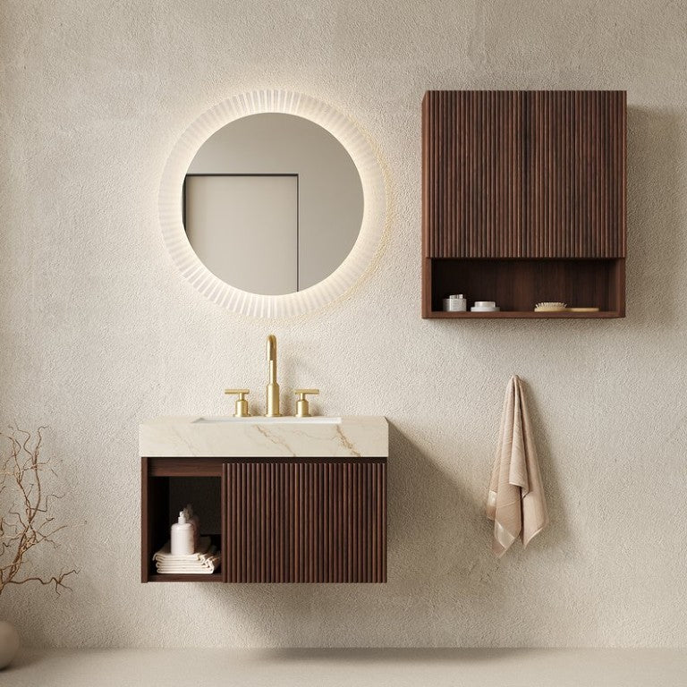 English Elm Eiden Floating Bathroom Vanity Combo with Sintered Stone Top and Walnut Fluted Cabinetry W2615S00971