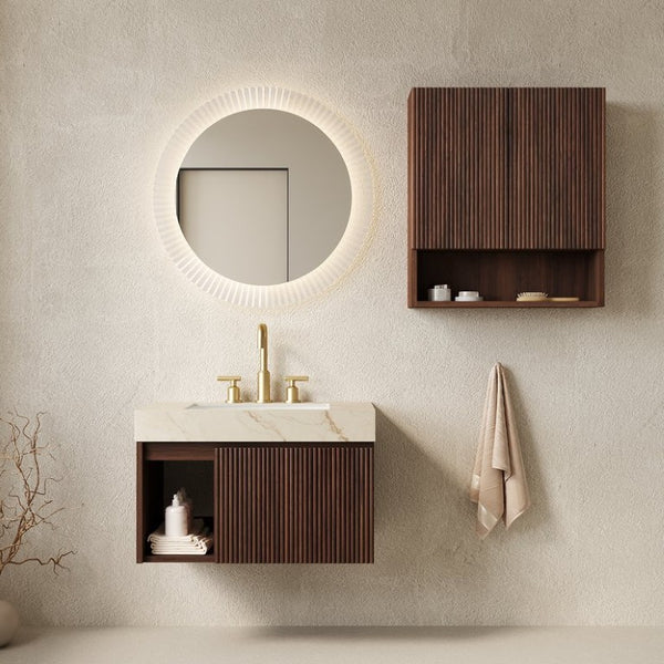 English Elm Eiden Floating Bathroom Vanity Combo with Sintered Stone Top and Walnut Fluted Cabinetry W2615S00971