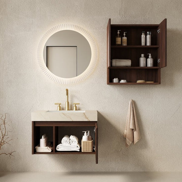 English Elm Eiden Floating Bathroom Vanity Combo with Sintered Stone Top and Walnut Fluted Cabinetry W2615S00971
