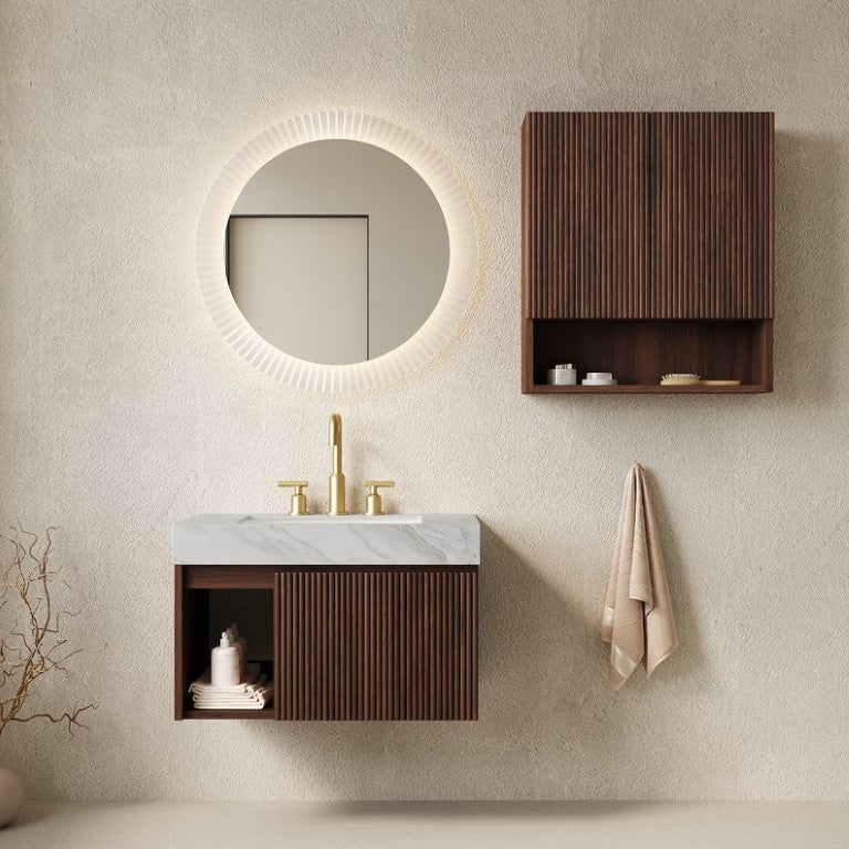 English Elm Eiden Walnut Floating Bathroom Vanity Set with Carrara Stone Top and Fluted Doors W2615S00973