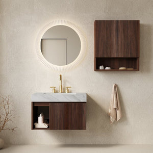 English Elm Eiden Walnut Floating Bathroom Vanity Set with Carrara Stone Top and Fluted Doors W2615S00973