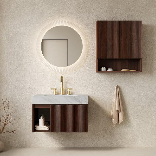 English Elm Eiden Walnut Floating Bathroom Vanity Set with Carrara Stone Top and Fluted Doors W2615S00973