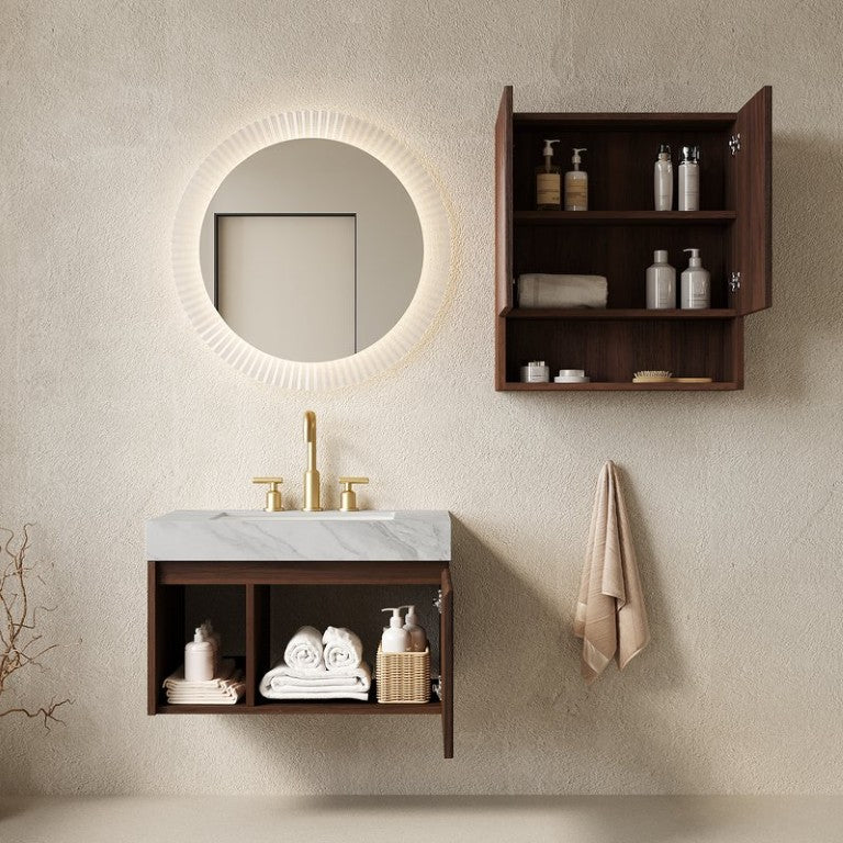 English Elm Eiden Walnut Floating Bathroom Vanity Set with Carrara Stone Top and Fluted Doors W2615S00973