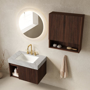 English Elm Eiden Walnut Floating Bathroom Vanity Set with Carrara Stone Top and Fluted Doors W2615S00973