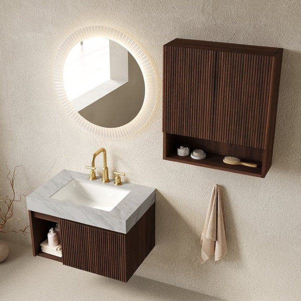 English Elm Eiden Walnut Floating Bathroom Vanity Set with Carrara Stone Top and Fluted Doors W2615S00973