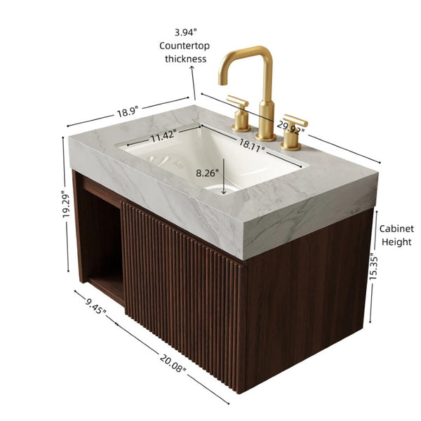 English Elm Eiden Walnut Floating Bathroom Vanity Set with Carrara Stone Top and Fluted Doors W2615S00973