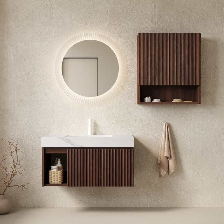 English Elm Eiden Floating Bathroom Vanity Combo with Sintered Stone Top and Walnut Woodgrain Finish W2615S00974