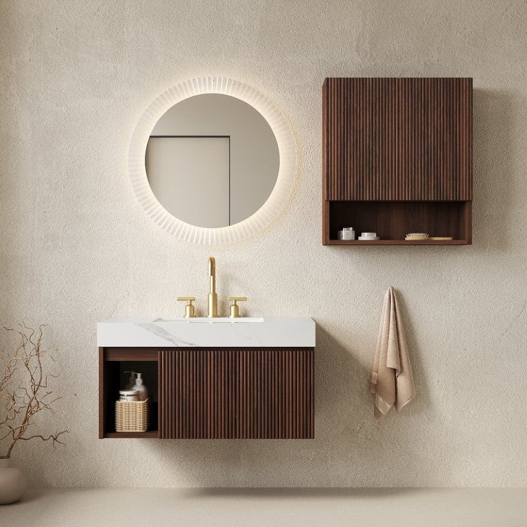 English Elm Eiden Floating Wall Mounted Bathroom Vanity Set with Sintered Stone Top and Fluted Doors W2615S00975