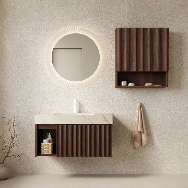 English Elm Eiden Floating Bathroom Vanity Set Sintered Stone Top Walnut Fluted Cabinet Spa Style W2615S00976