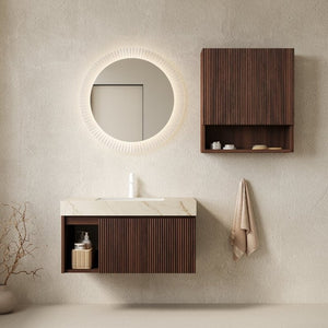English Elm Eiden Floating Bathroom Vanity Set Sintered Stone Top Walnut Fluted Cabinet Spa Style W2615S00976
