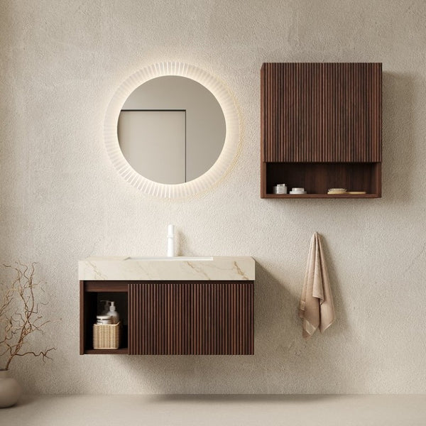 English Elm Eiden Floating Bathroom Vanity Set Sintered Stone Top Walnut Fluted Cabinet Spa Style W2615S00976