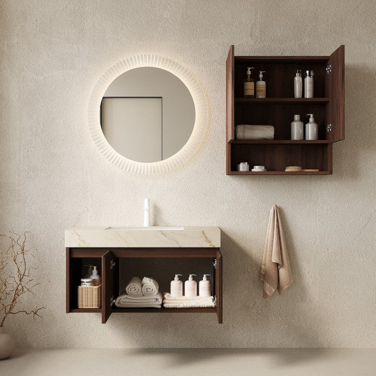English Elm Eiden Floating Bathroom Vanity Set Sintered Stone Top Walnut Fluted Cabinet Spa Style W2615S00976