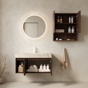 English Elm Eiden Floating Bathroom Vanity Set Sintered Stone Top Walnut Fluted Cabinet Spa Style W2615S00976