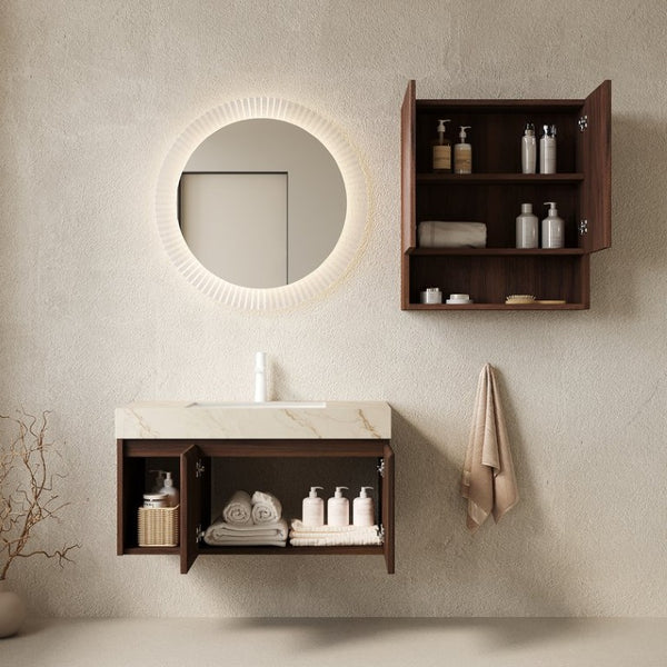 English Elm Eiden Floating Bathroom Vanity Set Sintered Stone Top Walnut Fluted Cabinet Spa Style W2615S00976