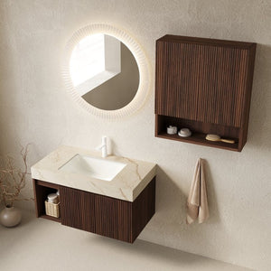 English Elm Eiden Floating Bathroom Vanity Set Sintered Stone Top Walnut Fluted Cabinet Spa Style W2615S00976