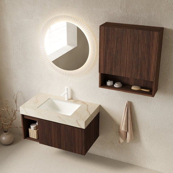 English Elm Eiden Floating Bathroom Vanity Set Sintered Stone Top Walnut Fluted Cabinet Spa Style W2615S00976