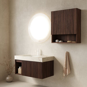 English Elm Eiden Floating Bathroom Vanity Set Sintered Stone Top Walnut Fluted Cabinet Spa Style W2615S00976