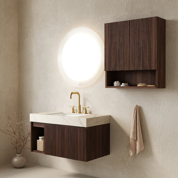 English Elm Eiden Wall Mounted Bathroom Vanity Combo with Sintered Stone Top and Fluted Doors W2615S00977