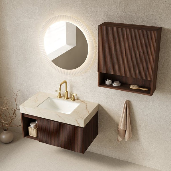 English Elm Eiden Wall Mounted Bathroom Vanity Combo with Sintered Stone Top and Fluted Doors W2615S00977