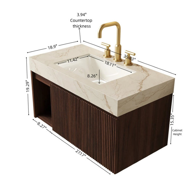 English Elm Eiden Wall Mounted Bathroom Vanity Combo with Sintered Stone Top and Fluted Doors W2615S00977