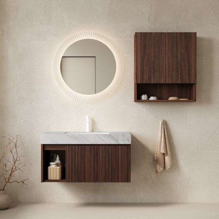 English Elm Eiden Floating Vanity Combo with Carrara Sintered Stone and Fluted Walnut Tower W2615S00978