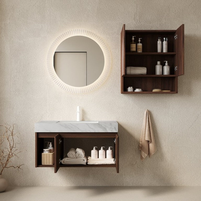 English Elm Eiden Floating Vanity Combo with Carrara Sintered Stone and Fluted Walnut Tower W2615S00978