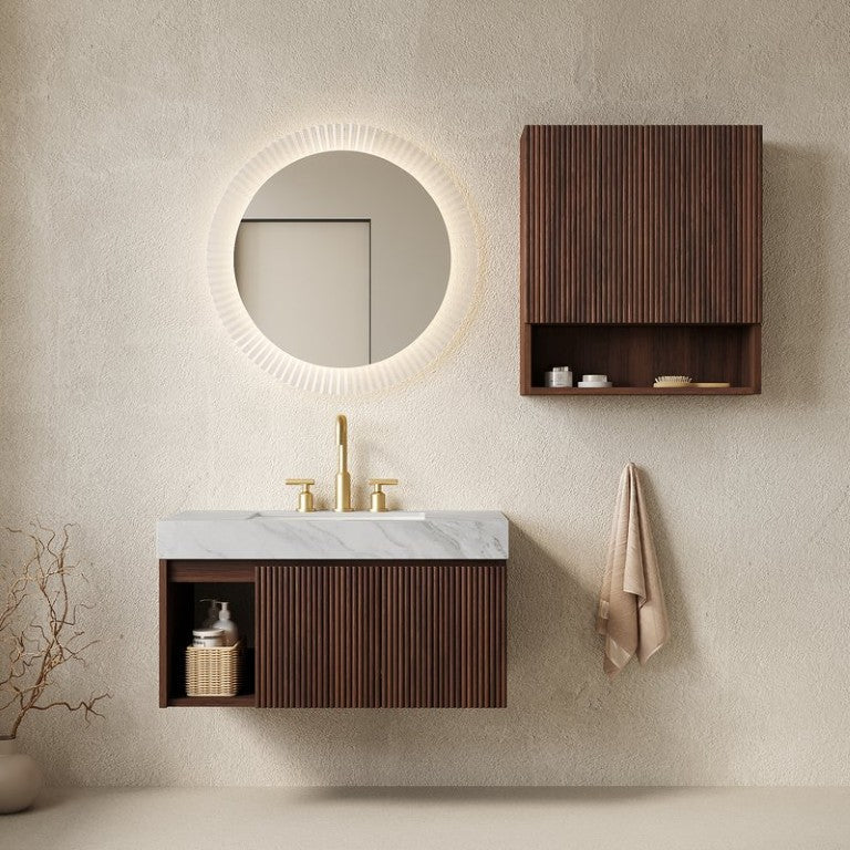 English Elm Eiden Wall Mounted Vanity Set with Carrara Sintered Stone and Fluted Walnut Cabinetry W2615S00979