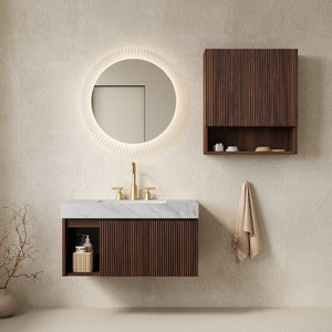 English Elm Eiden Wall Mounted Vanity Set with Carrara Sintered Stone and Fluted Walnut Cabinetry W2615S00979