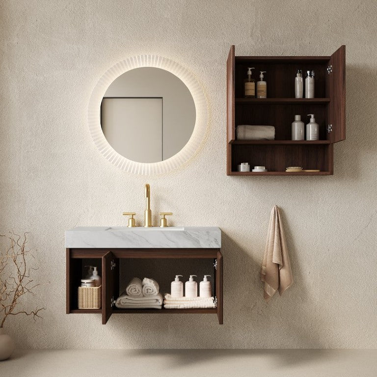 English Elm Eiden Wall Mounted Vanity Set with Carrara Sintered Stone and Fluted Walnut Cabinetry W2615S00979