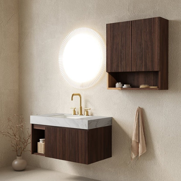 English Elm Eiden Wall Mounted Vanity Set with Carrara Sintered Stone and Fluted Walnut Cabinetry W2615S00979