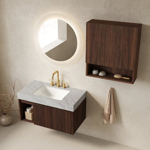 English Elm Eiden Wall Mounted Vanity Set with Carrara Sintered Stone and Fluted Walnut Cabinetry W2615S00979