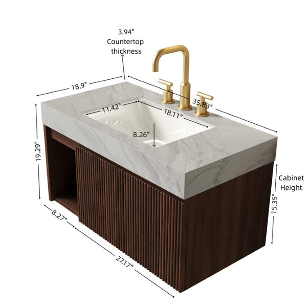 English Elm Eiden Wall Mounted Vanity Set with Carrara Sintered Stone and Fluted Walnut Cabinetry W2615S00979